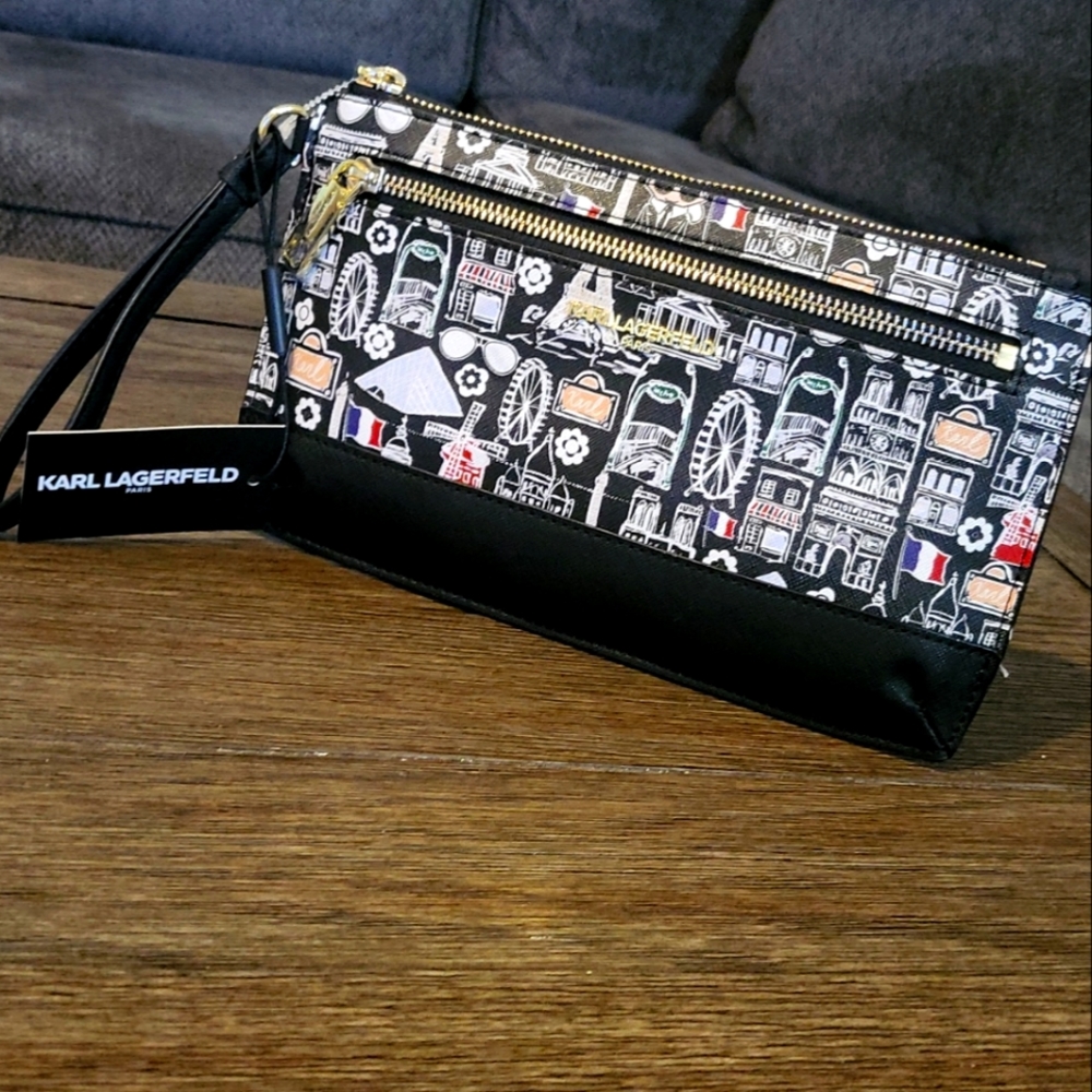 KARL LAGERFELD WRISTLET DOUBLE ZIP Multi Paris Icons NWT